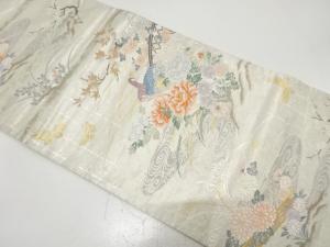 引箔　孔雀に流水・草花模様織り出し　袋帯